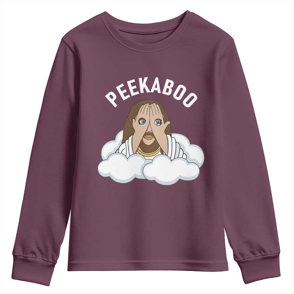 Peekaboo Jesus Funny Christian Youth Sweatshirt Faith Humor Savior in Clouds Religious Meme