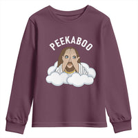 Peekaboo Jesus Funny Christian Youth Sweatshirt Faith Humor Savior in Clouds Religious Meme