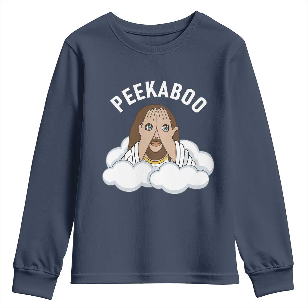 Peekaboo Jesus Funny Christian Youth Sweatshirt Faith Humor Savior in Clouds Religious Meme