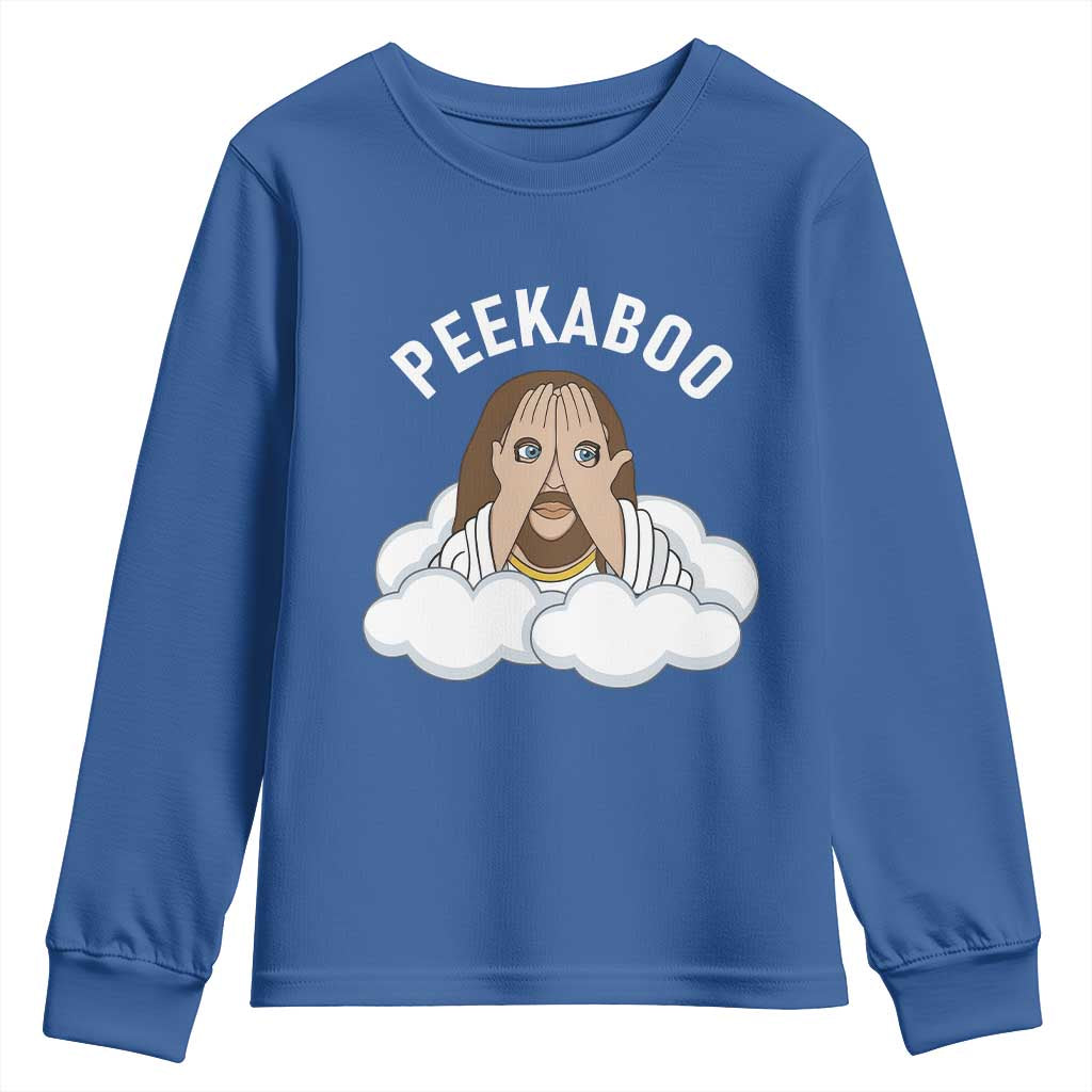 Peekaboo Jesus Funny Christian Youth Sweatshirt Faith Humor Savior in Clouds Religious Meme