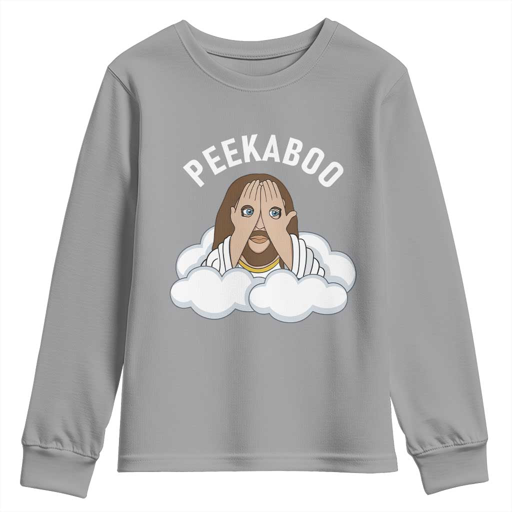 Peekaboo Jesus Funny Christian Youth Sweatshirt Faith Humor Savior in Clouds Religious Meme