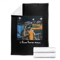 Funny Raccoon Baseball Game Day Meme Throw Blanket I Live Here Now Trash Panda Iced Coffee Night