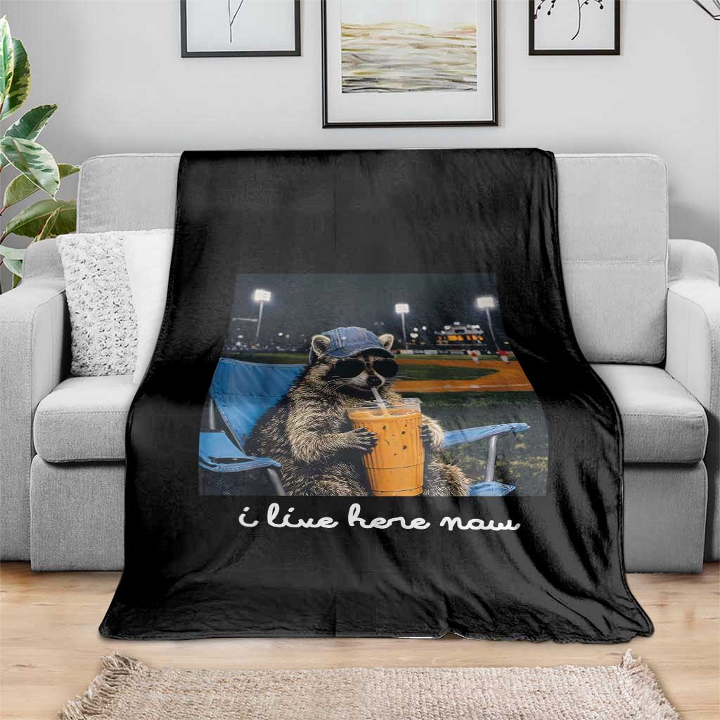 Funny Raccoon Baseball Game Day Meme Throw Blanket I Live Here Now Trash Panda Iced Coffee Night