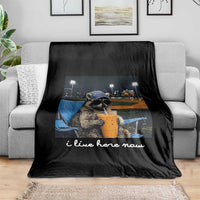 Funny Raccoon Baseball Game Day Meme Throw Blanket I Live Here Now Trash Panda Iced Coffee Night
