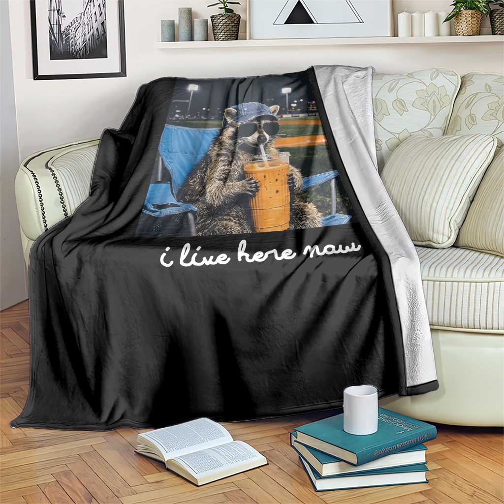 Funny Raccoon Baseball Game Day Meme Throw Blanket I Live Here Now Trash Panda Iced Coffee Night