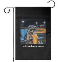 Funny Raccoon Baseball Game Day Meme Garden Flag I Live Here Now Trash Panda Iced Coffee Night