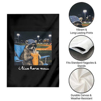 Funny Raccoon Baseball Game Day Meme Garden Flag I Live Here Now Trash Panda Iced Coffee Night