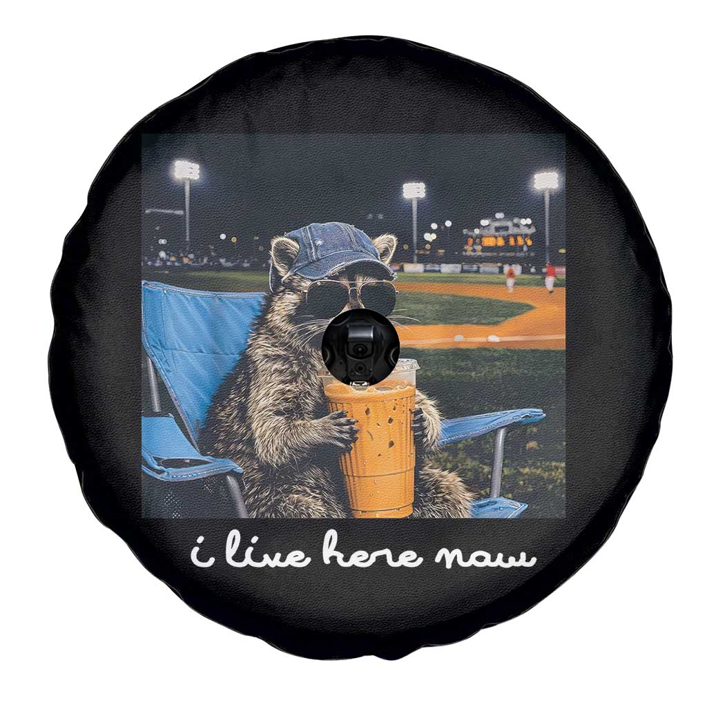 Funny Raccoon Baseball Game Day Meme Spare Tire Cover I Live Here Now Trash Panda Iced Coffee Night