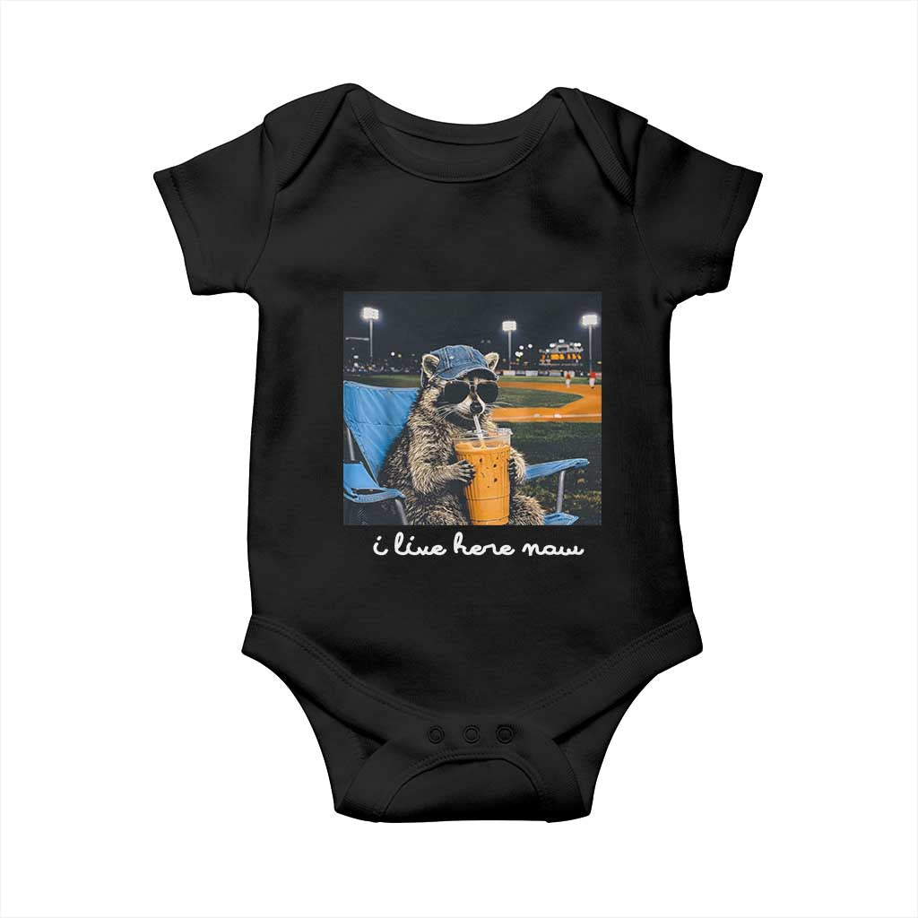 Funny Raccoon Baseball Game Day Meme Baby Onesie I Live Here Now Trash Panda Iced Coffee Night