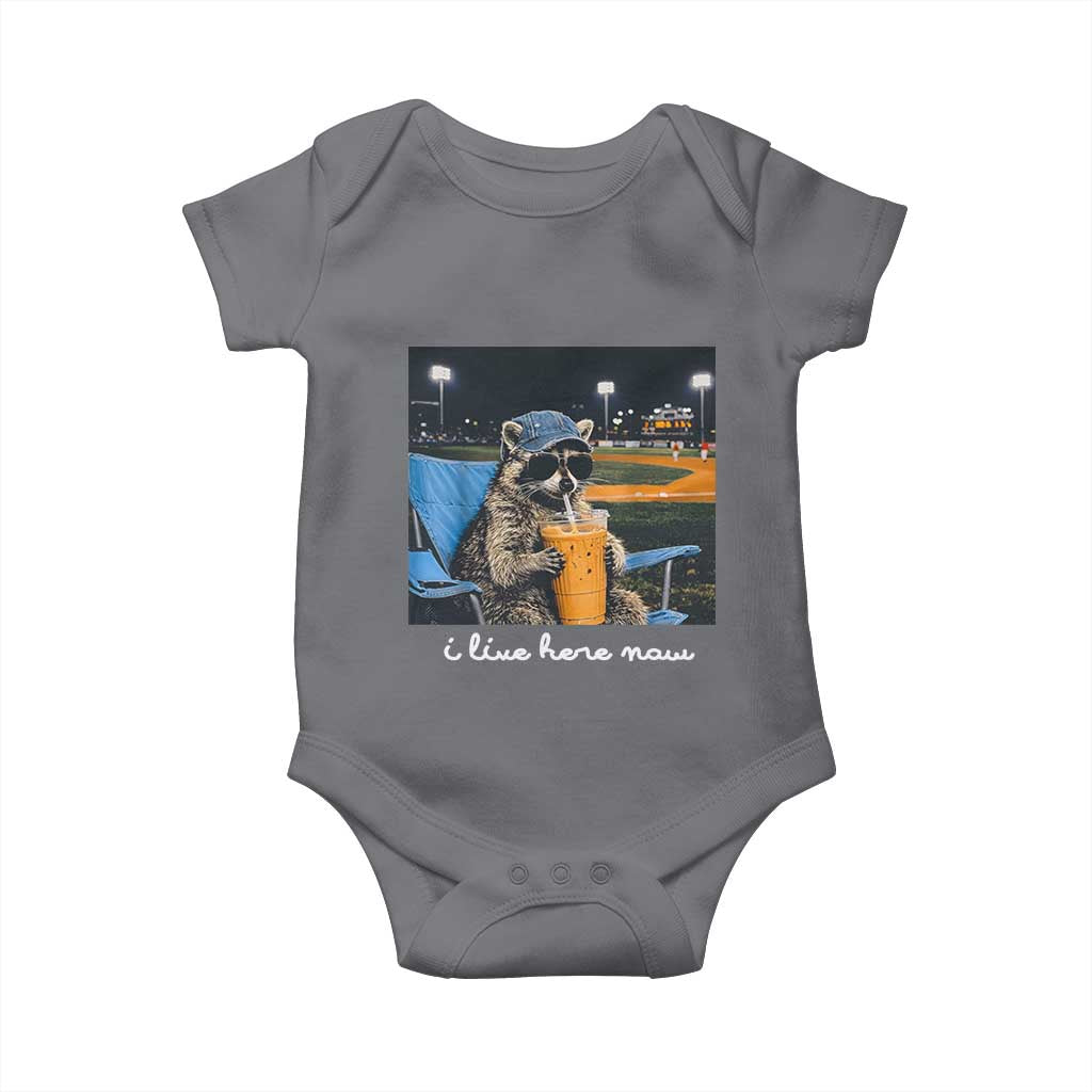 Funny Raccoon Baseball Game Day Meme Baby Onesie I Live Here Now Trash Panda Iced Coffee Night