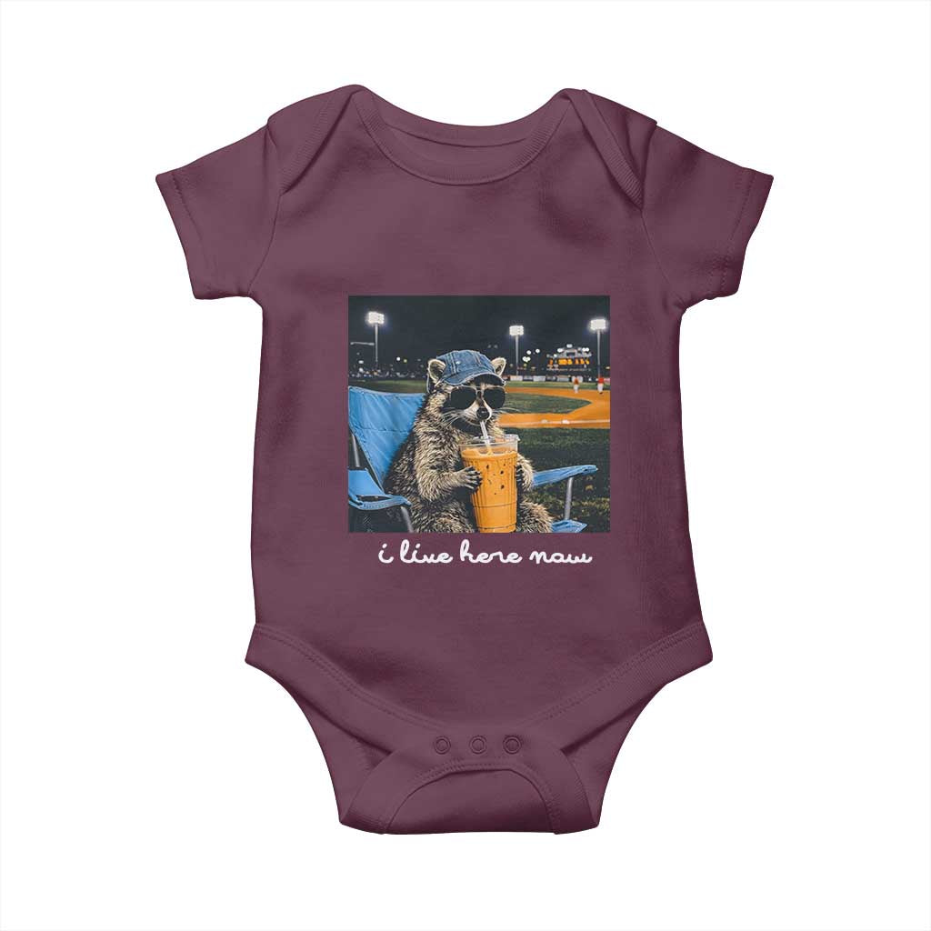 Funny Raccoon Baseball Game Day Meme Baby Onesie I Live Here Now Trash Panda Iced Coffee Night