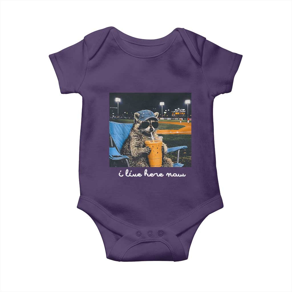 Funny Raccoon Baseball Game Day Meme Baby Onesie I Live Here Now Trash Panda Iced Coffee Night