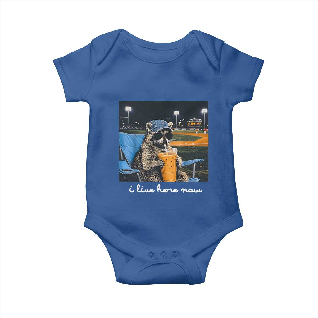 Funny Raccoon Baseball Game Day Meme Baby Onesie I Live Here Now Trash Panda Iced Coffee Night