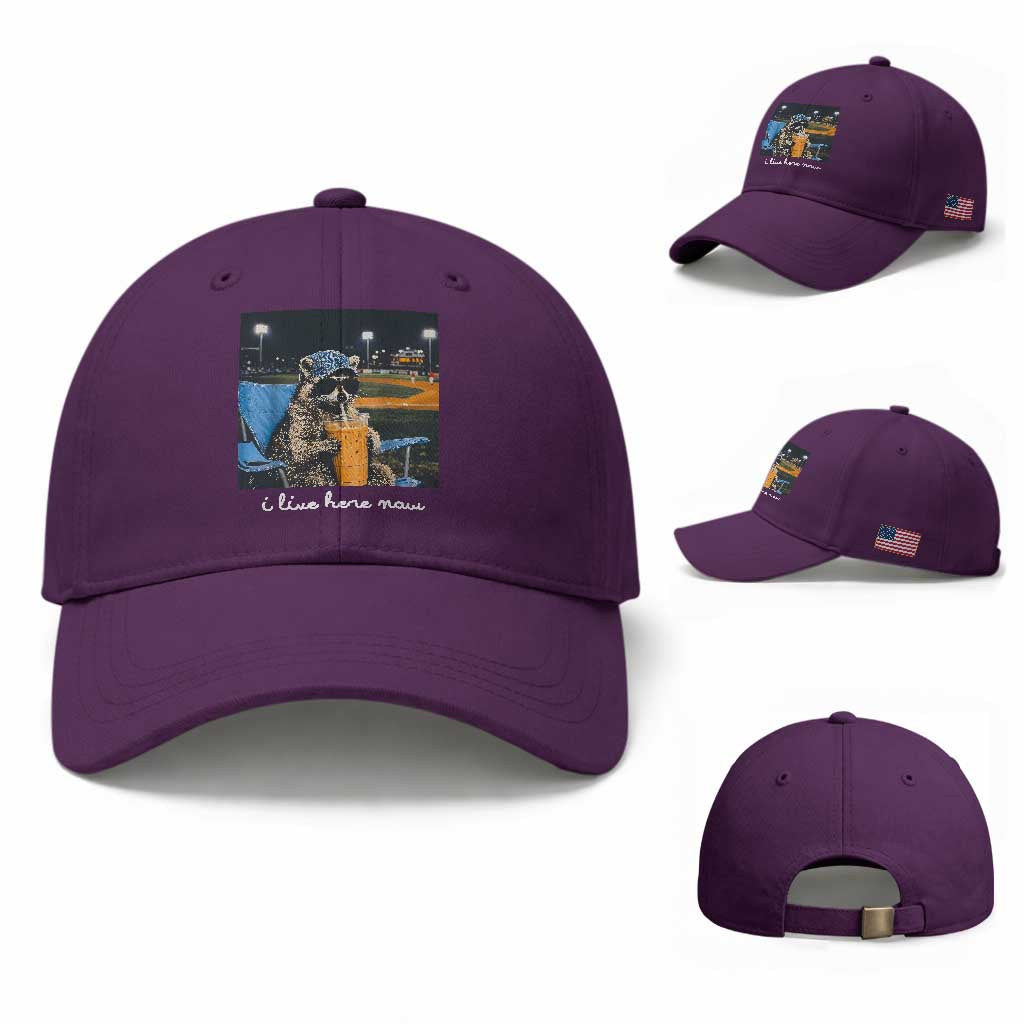 Funny Raccoon Baseball Game Day Meme Baseball Cap I Live Here Now Trash Panda Iced Coffee Night