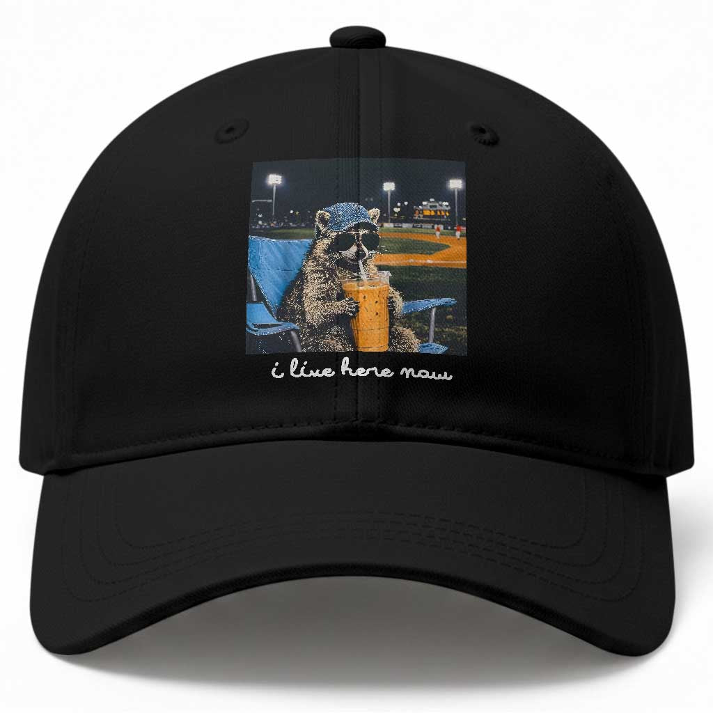 Funny Raccoon Baseball Game Day Meme Baseball Cap I Live Here Now Trash Panda Iced Coffee Night