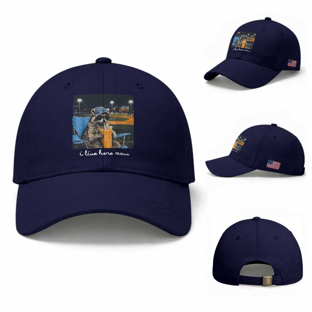 Funny Raccoon Baseball Game Day Meme Baseball Cap I Live Here Now Trash Panda Iced Coffee Night