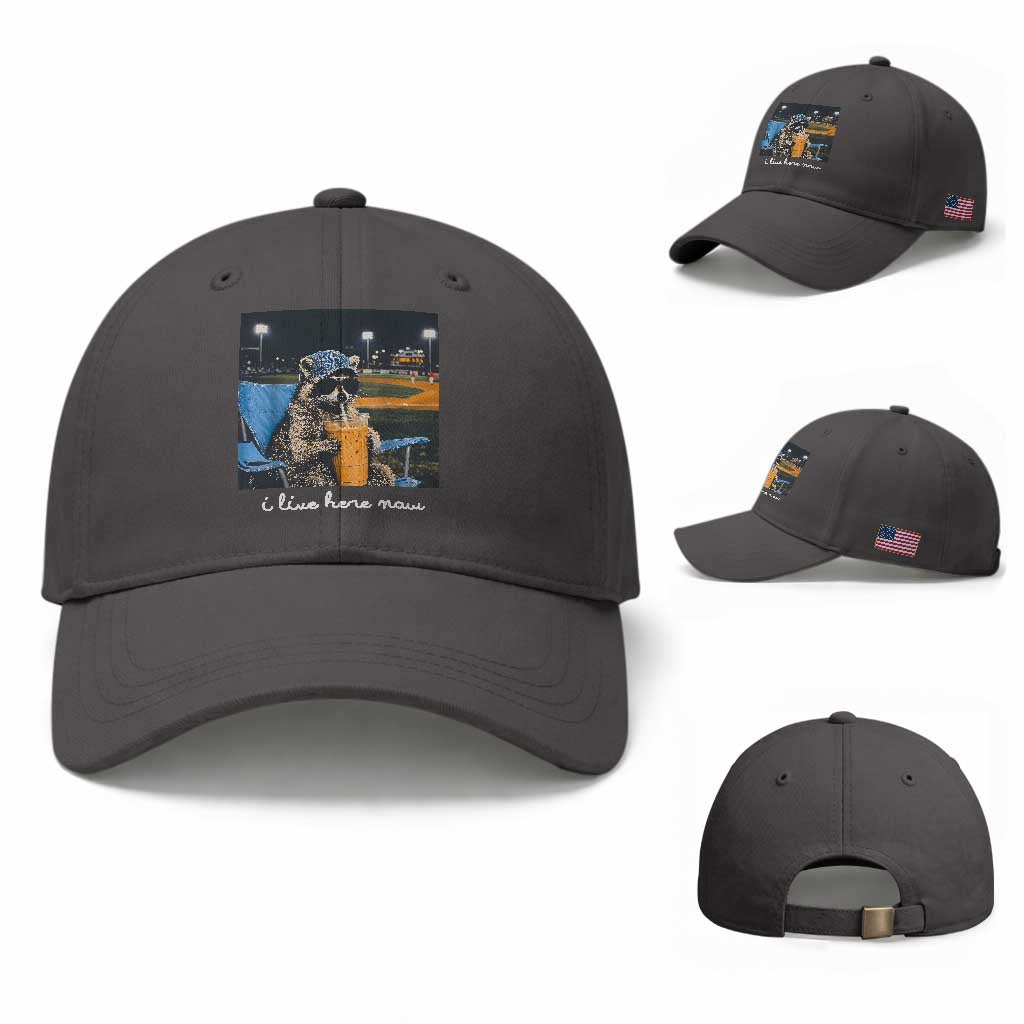 Funny Raccoon Baseball Game Day Meme Baseball Cap I Live Here Now Trash Panda Iced Coffee Night