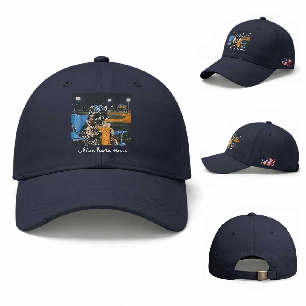 Funny Raccoon Baseball Game Day Meme Baseball Cap I Live Here Now Trash Panda Iced Coffee Night