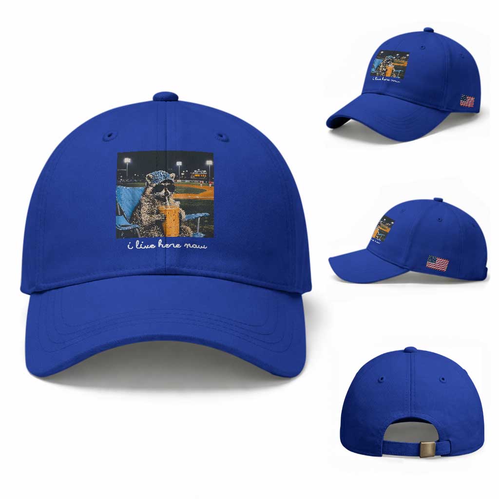 Funny Raccoon Baseball Game Day Meme Baseball Cap I Live Here Now Trash Panda Iced Coffee Night