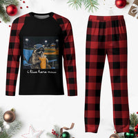 Funny Raccoon Baseball Game Day Meme Plaid Pajama Set I Live Here Now Trash Panda Iced Coffee Night