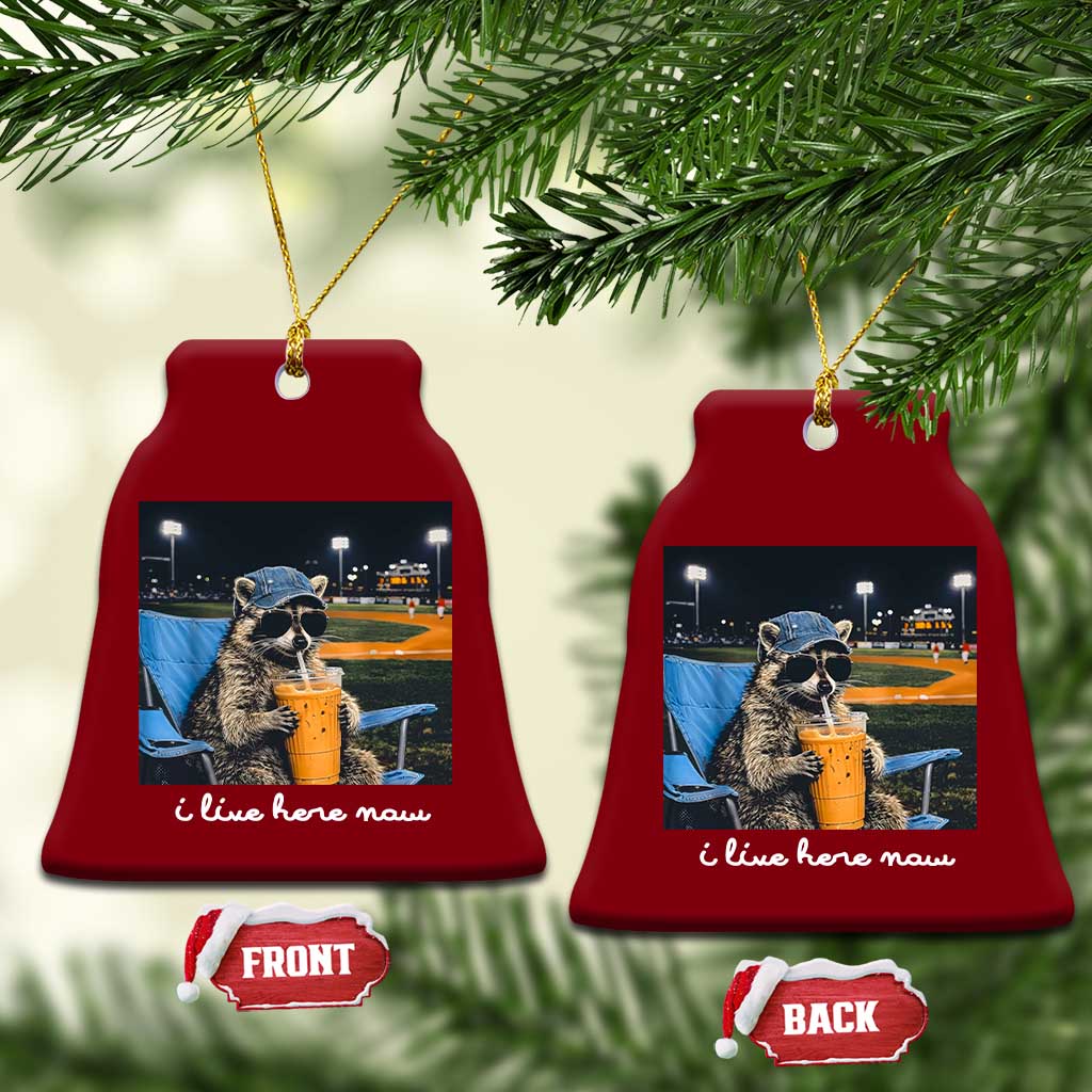 Funny Raccoon Baseball Game Day Meme Ceramic Ornament I Live Here Now Trash Panda Iced Coffee Night