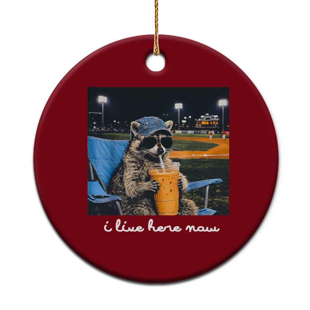 Funny Raccoon Baseball Game Day Meme Ceramic Ornament I Live Here Now Trash Panda Iced Coffee Night