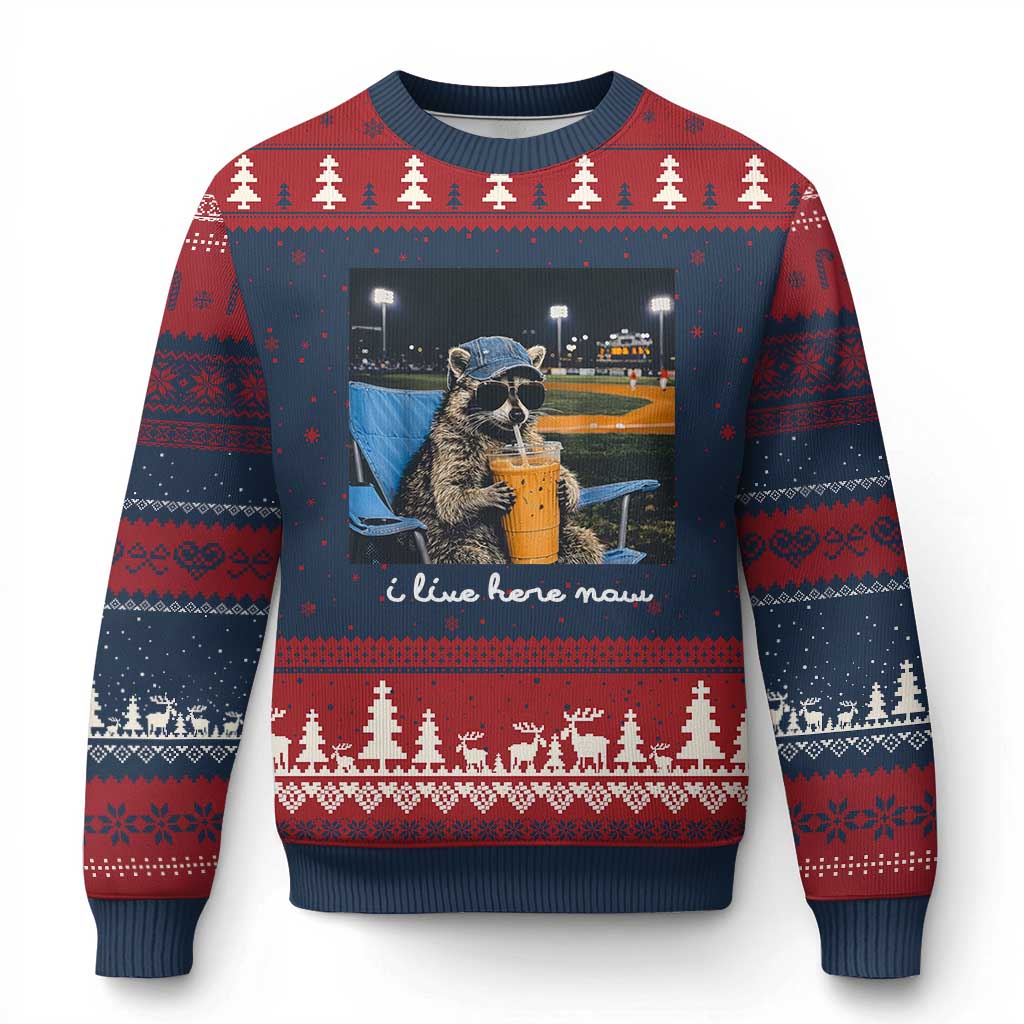 Funny Raccoon Baseball Game Day Meme Ugly Christmas Sweater I Live Here Now Trash Panda Iced Coffee Night