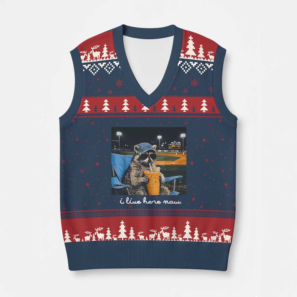 Funny Raccoon Baseball Game Day Meme V-Neck Knit Sweater Vest I Live Here Now Trash Panda Iced Coffee Night