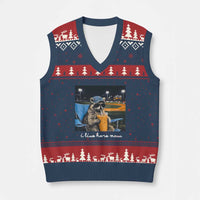 Funny Raccoon Baseball Game Day Meme V-Neck Knit Sweater Vest I Live Here Now Trash Panda Iced Coffee Night
