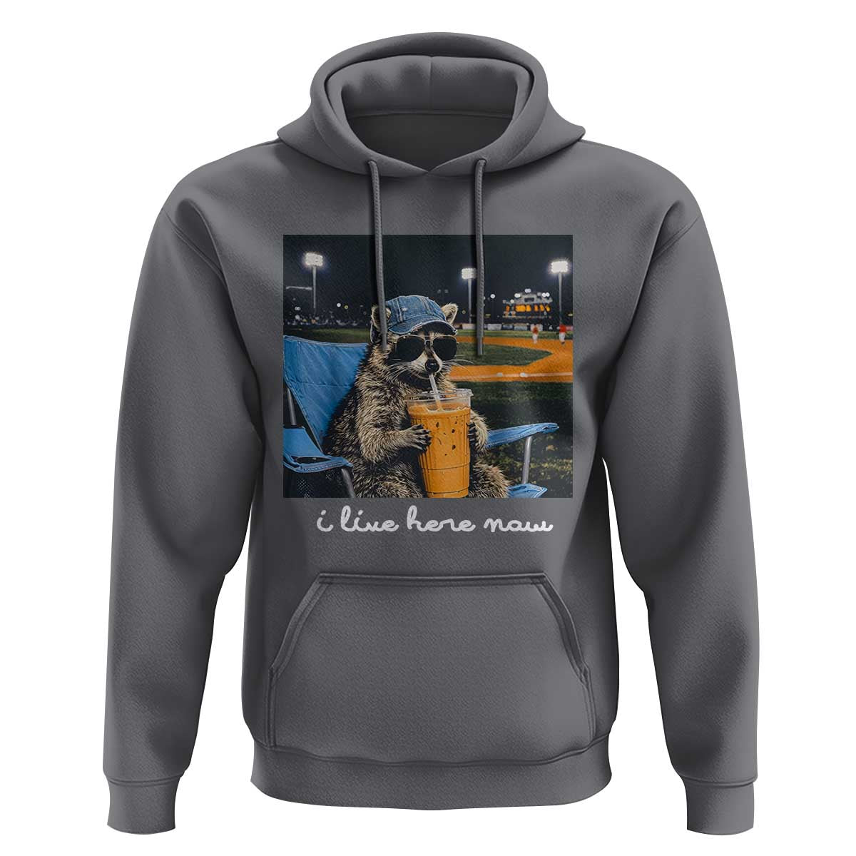 Funny Raccoon Baseball Game Day Meme Hoodie I Live Here Now Trash Panda Iced Coffee Night