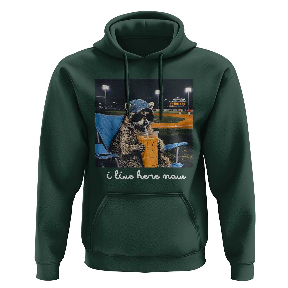 Funny Raccoon Baseball Game Day Meme Hoodie I Live Here Now Trash Panda Iced Coffee Night
