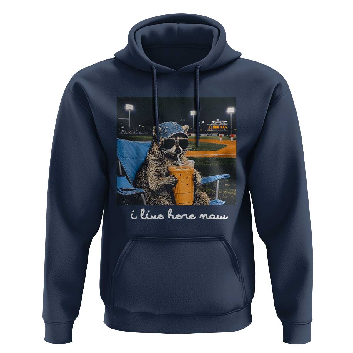 Funny Raccoon Baseball Game Day Meme Hoodie I Live Here Now Trash Panda Iced Coffee Night