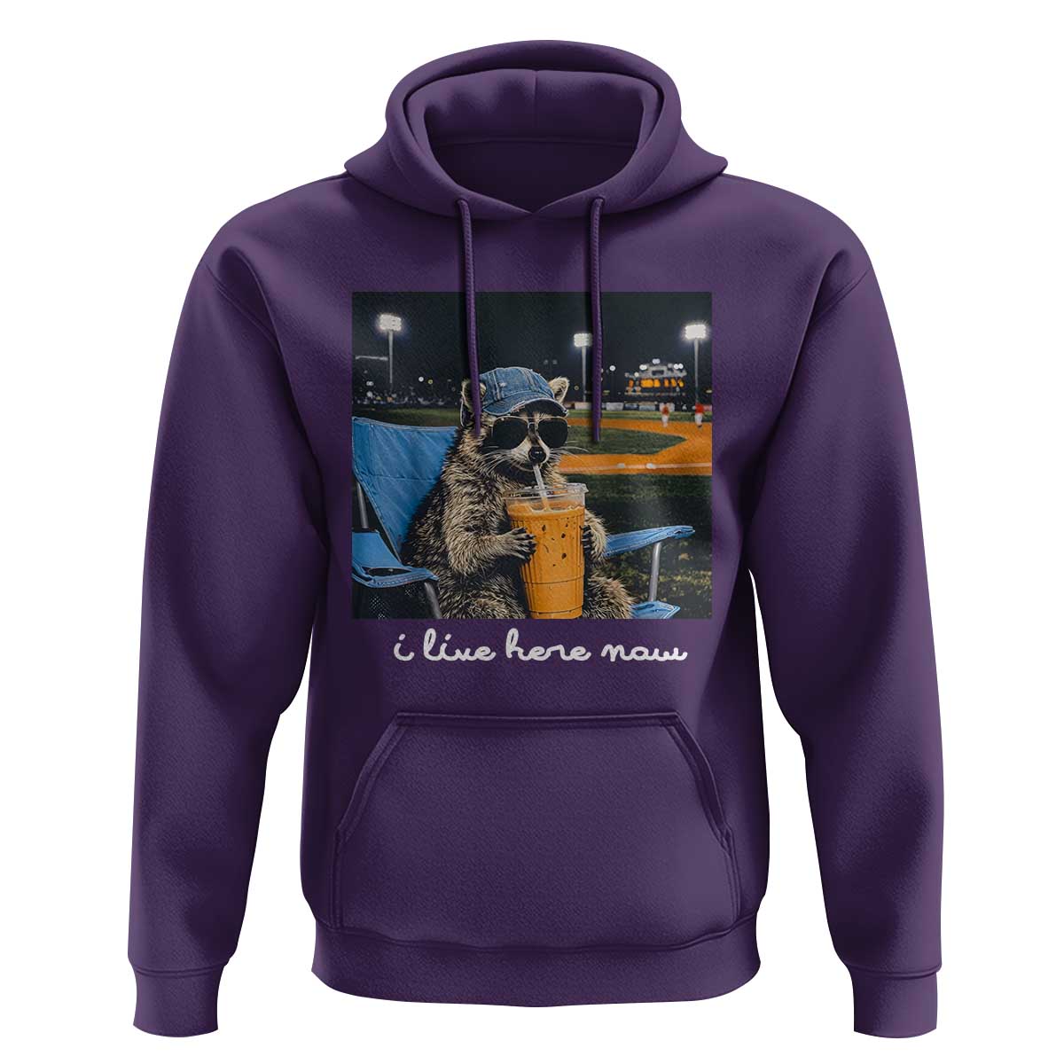 Funny Raccoon Baseball Game Day Meme Hoodie I Live Here Now Trash Panda Iced Coffee Night