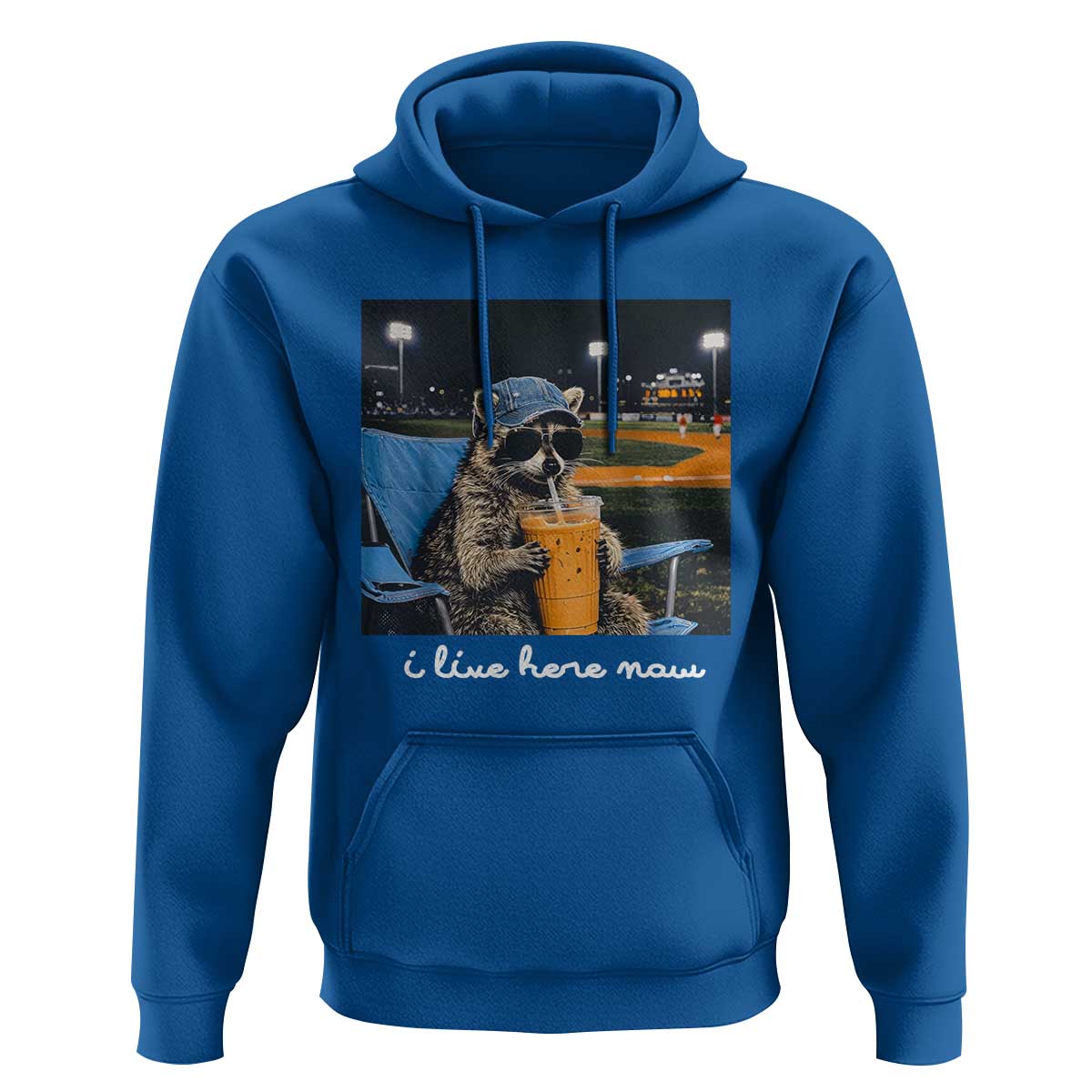 Funny Raccoon Baseball Game Day Meme Hoodie I Live Here Now Trash Panda Iced Coffee Night