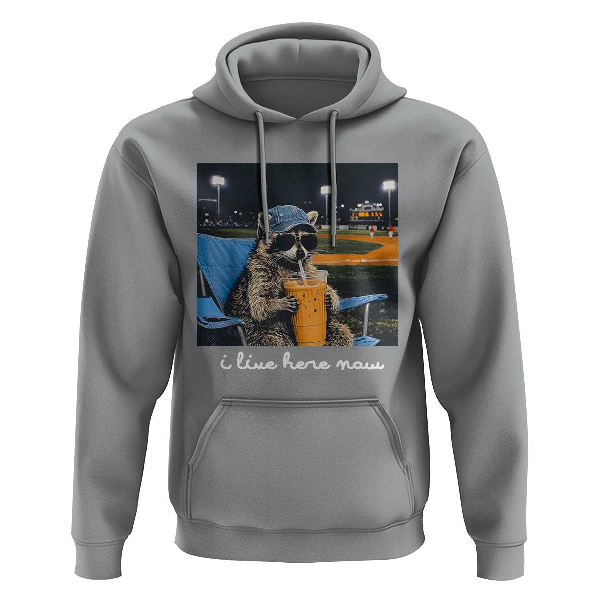 Funny Raccoon Baseball Game Day Meme Hoodie I Live Here Now Trash Panda Iced Coffee Night