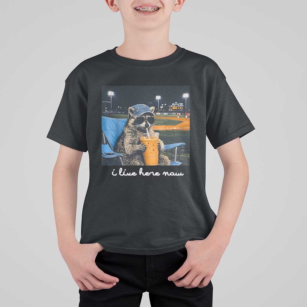 Funny Raccoon Baseball Game Day Meme T Shirt For Kid I Live Here Now Trash Panda Iced Coffee Night