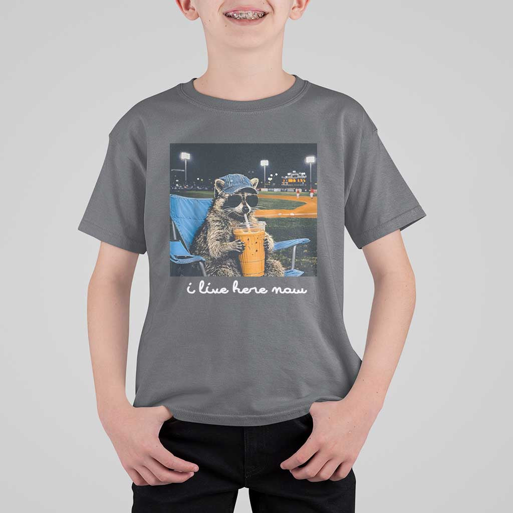 Funny Raccoon Baseball Game Day Meme T Shirt For Kid I Live Here Now Trash Panda Iced Coffee Night