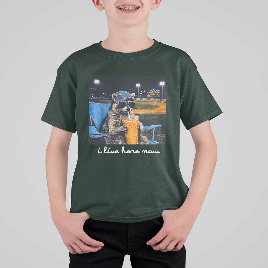 Funny Raccoon Baseball Game Day Meme T Shirt For Kid I Live Here Now Trash Panda Iced Coffee Night