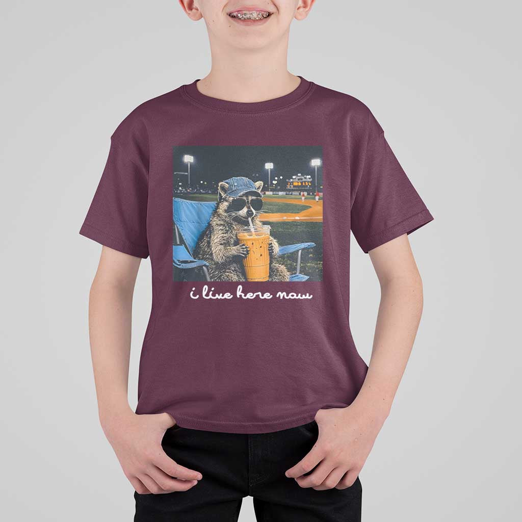 Funny Raccoon Baseball Game Day Meme T Shirt For Kid I Live Here Now Trash Panda Iced Coffee Night