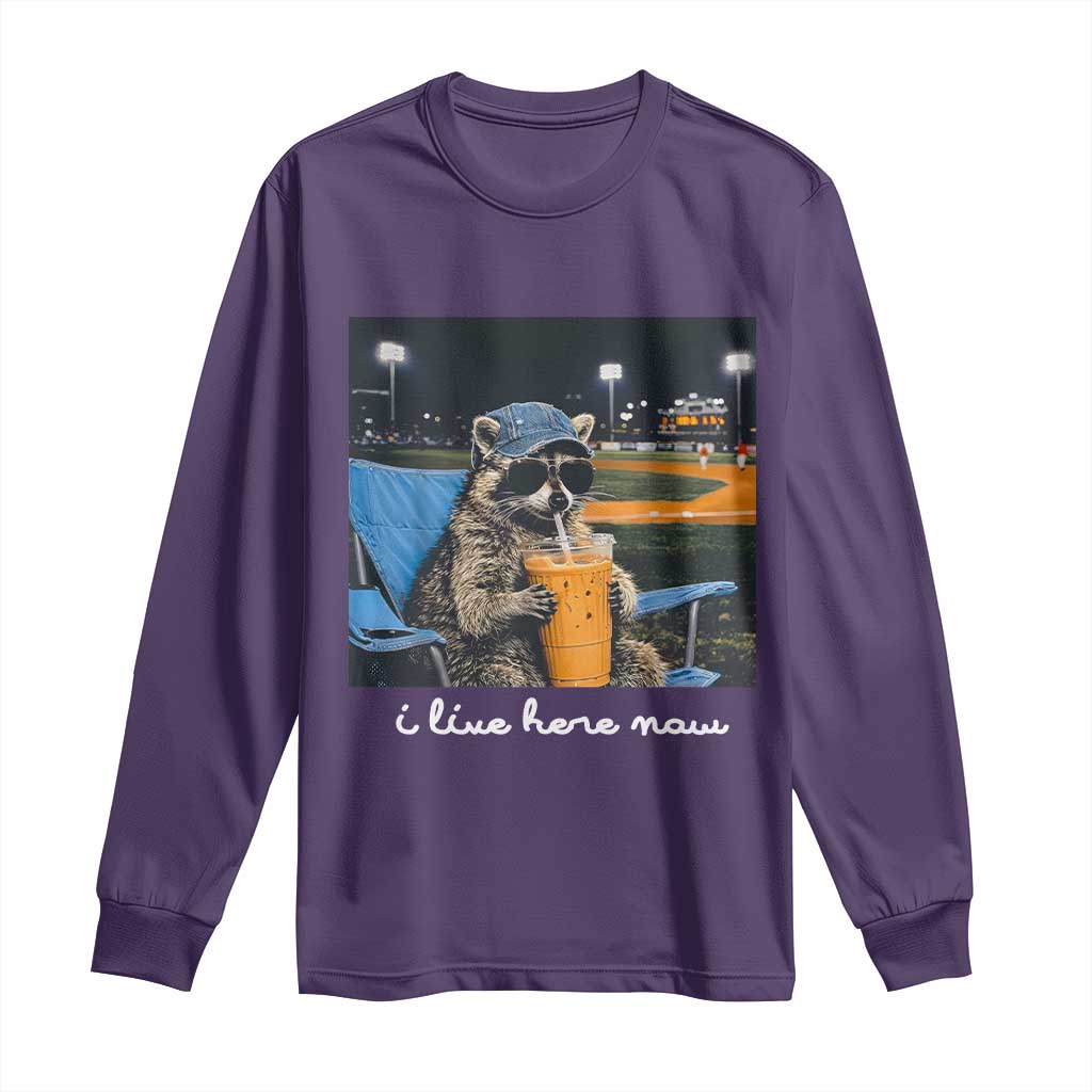 Funny Raccoon Baseball Game Day Meme Long Sleeve Shirt I Live Here Now Trash Panda Iced Coffee Night