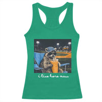 Funny Raccoon Baseball Game Day Meme Racerback Tank Top I Live Here Now Trash Panda Iced Coffee Night