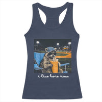 Funny Raccoon Baseball Game Day Meme Racerback Tank Top I Live Here Now Trash Panda Iced Coffee Night