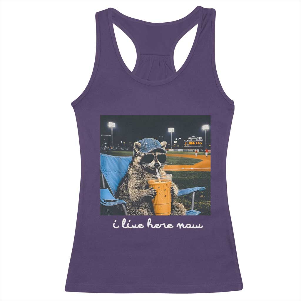 Funny Raccoon Baseball Game Day Meme Racerback Tank Top I Live Here Now Trash Panda Iced Coffee Night