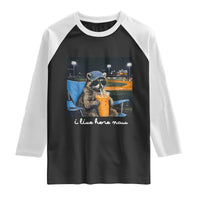 Funny Raccoon Baseball Game Day Meme Raglan Shirt I Live Here Now Trash Panda Iced Coffee Night