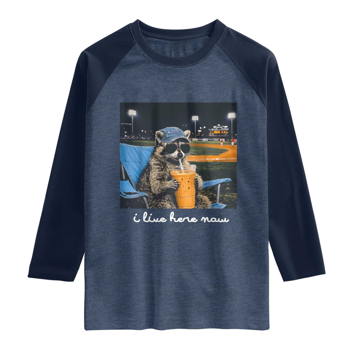 Funny Raccoon Baseball Game Day Meme Raglan Shirt I Live Here Now Trash Panda Iced Coffee Night