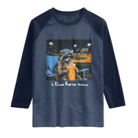 Funny Raccoon Baseball Game Day Meme Raglan Shirt I Live Here Now Trash Panda Iced Coffee Night