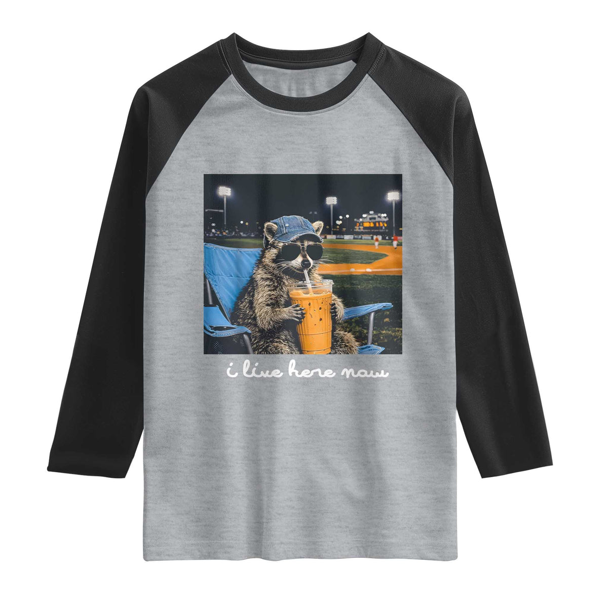 Funny Raccoon Baseball Game Day Meme Raglan Shirt I Live Here Now Trash Panda Iced Coffee Night