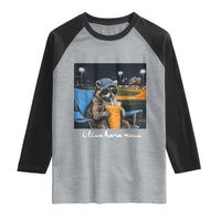Funny Raccoon Baseball Game Day Meme Raglan Shirt I Live Here Now Trash Panda Iced Coffee Night