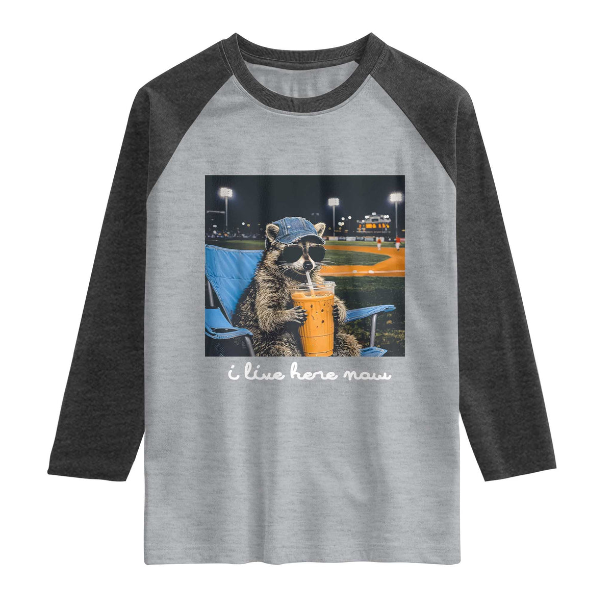 Funny Raccoon Baseball Game Day Meme Raglan Shirt I Live Here Now Trash Panda Iced Coffee Night