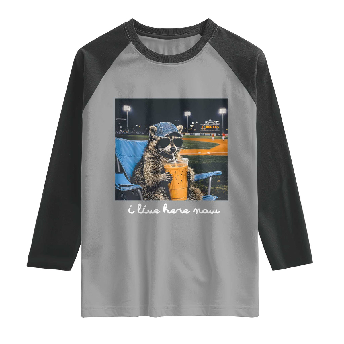 Funny Raccoon Baseball Game Day Meme Raglan Shirt I Live Here Now Trash Panda Iced Coffee Night